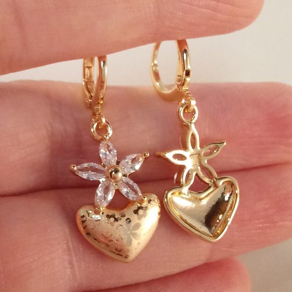 18K Yellow Gold Filled Laser Carved Heart Flower Diamond Zircon Dangle Earrings - Picture 4 of 4